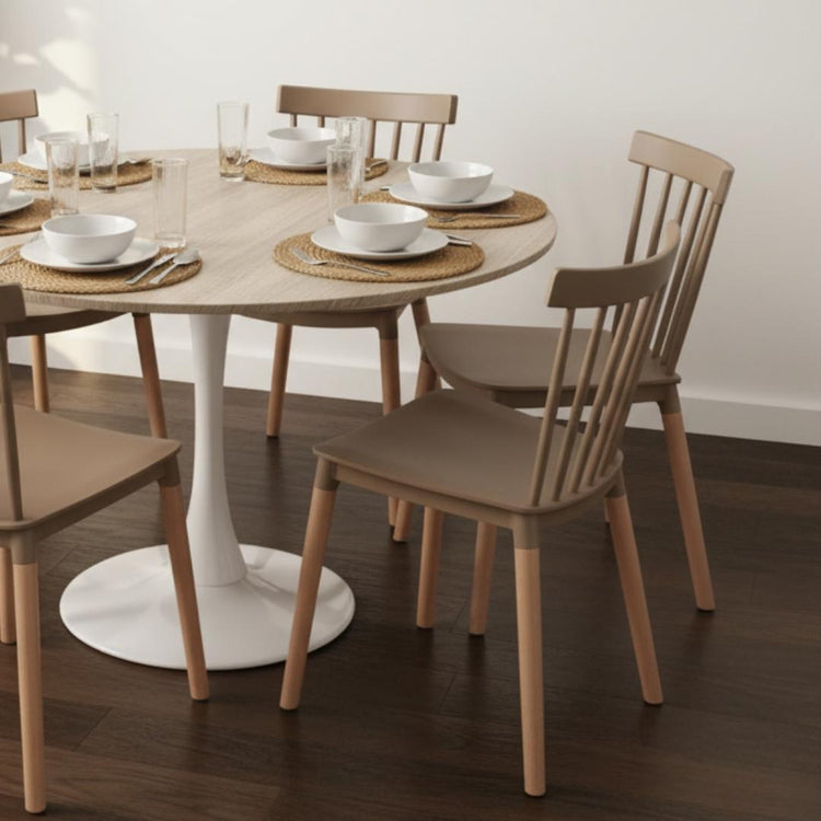 Comedor Mesa Tulip 120 cm (Cubierta Efecto Madera) + 6 Sillas Windsor Beige