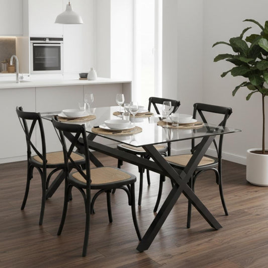 Comedor Mesa Xinia Negro 130x80 cm + 4 Sillas Crossback Madera Negra