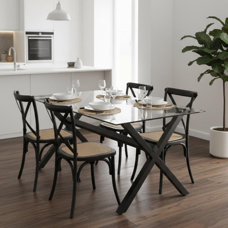 Comedor Mesa Xinia Negro 130x80 cm + 4 Sillas Crossback Madera Negra