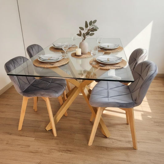 Comedor Mesa Greta 140x90 cm + 4 Sillón Rubik Velvet Gris