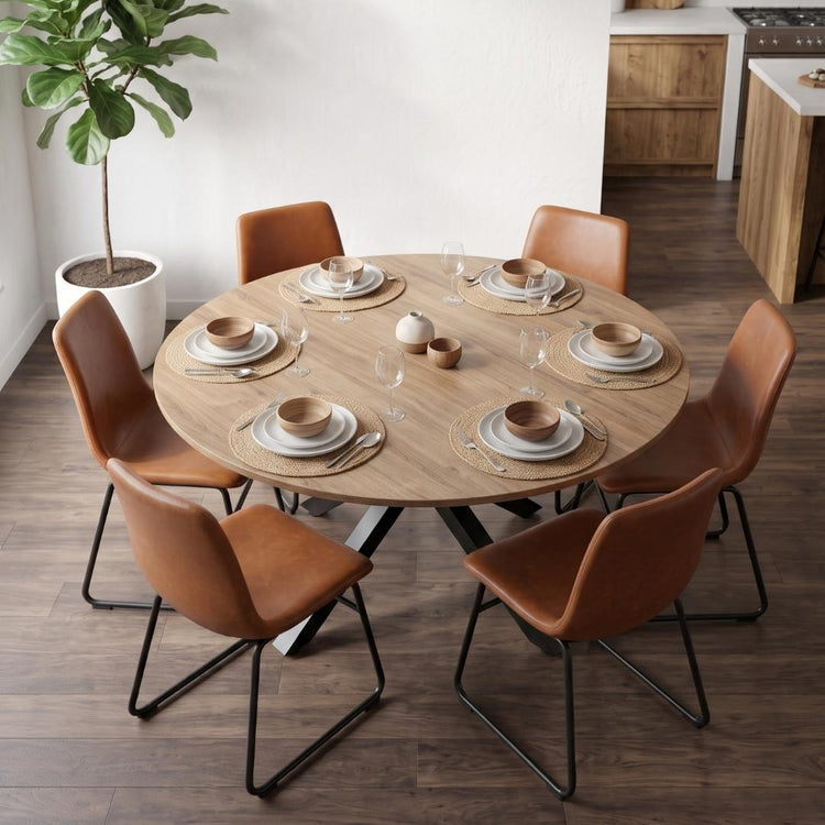 Comedor Mesa Redonda Equiz 120cm Madera | Base X Negro + 6 Sillas Toscana