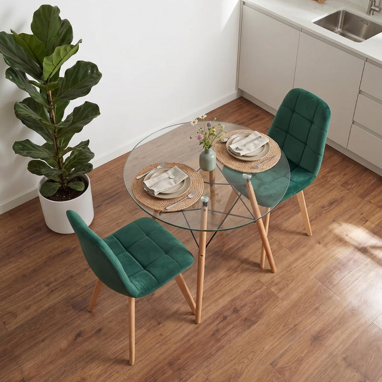 Comedor Mesa Redonda Elida 80cm + 2 Sillón Vorak Velvet Verde Esmeralda