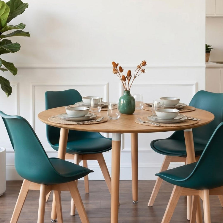 Comedor Extensible Bayona Wood 100-180cm + 4 Sillas Tulip Verde Esmeralda