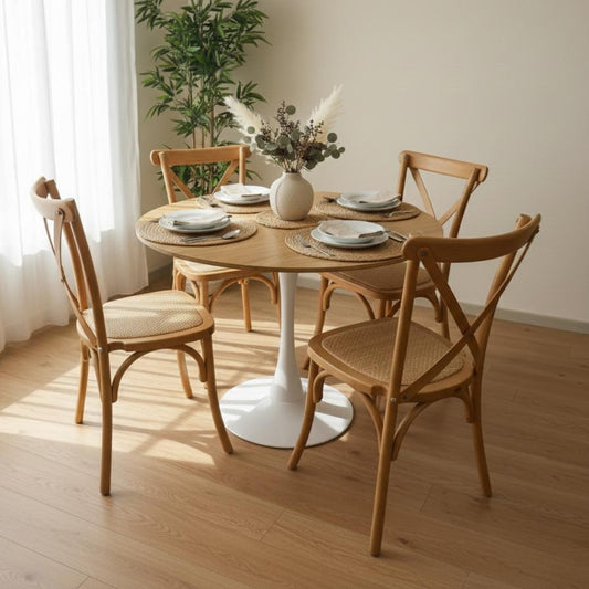 Comedor Mesa Tulip 80 cm (Cubierta Efecto Madera) + 4 Sillas Crossback Natural