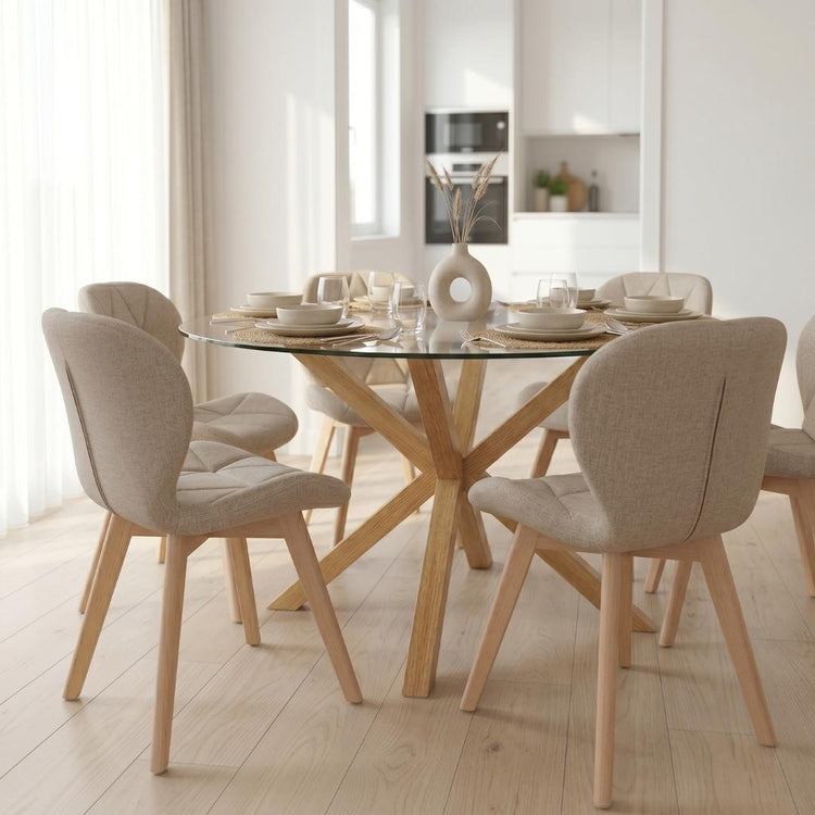 Comedor Mesa Equiz 120cm + 6 Sillón Rubik Lino Beige
