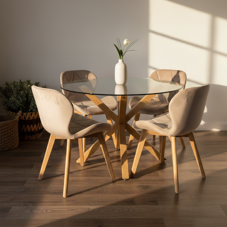 Comedor Mesa Redonda Equiz 100cm + 4 Sillón Rubik Beige Velvet