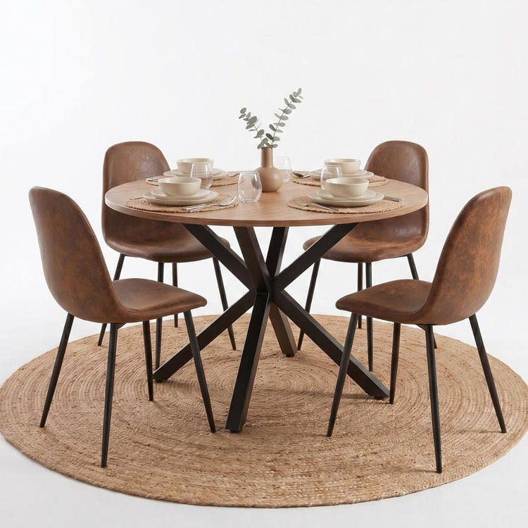 Comedor Mesa Redonda Equiz 100cm Madera | Base X Negro + 4 Sillas Isidora