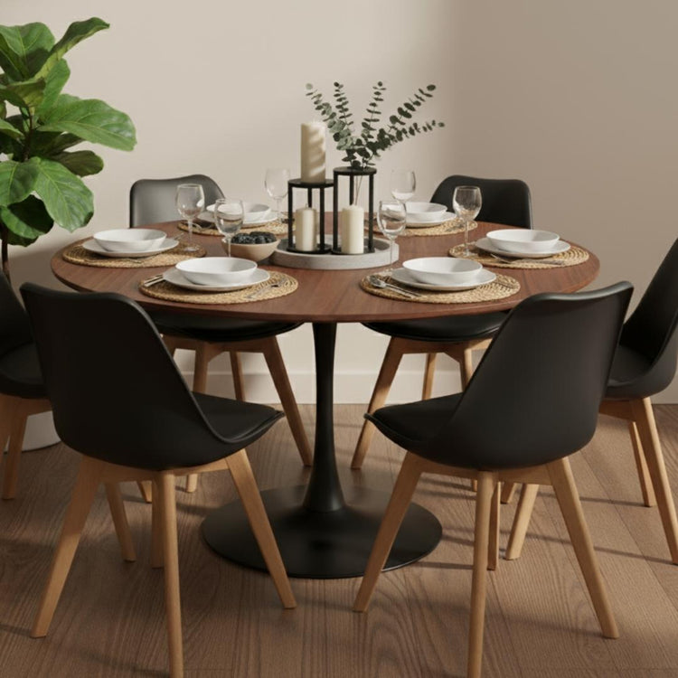 Comedor Mesa Tulip 120 cm (Cubierta Efecto Madera Oscura) + 6 Sillas Tulip Negro