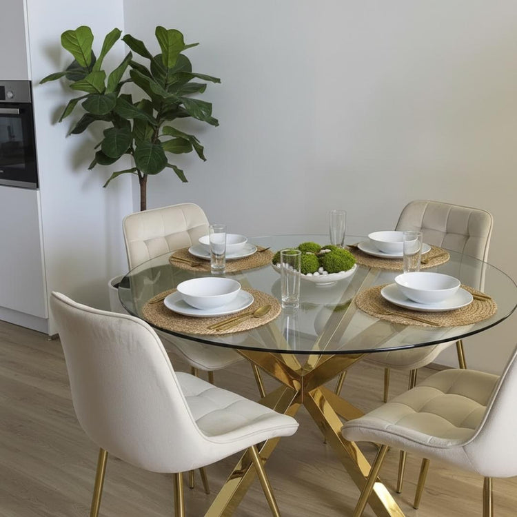 Comedor Mesa Equiz 100cm (Patas X Dorada) + 4 Sillas Kena Beige (Pata dorada)