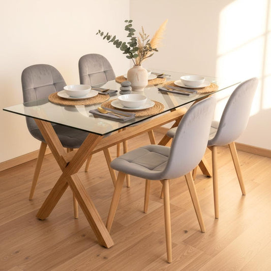 Comedor Mesa Xinia 130x80 + 4 Sillas Vorak Velvet Gris