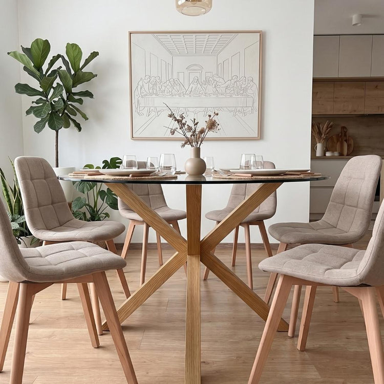 Comedor Mesa Redonda Equiz 120cm + 6 Sillas Vorak Lino Beige