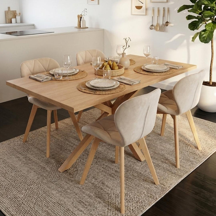 Comedor Mesa Greta Wood 140x90 + 4 Sillón Rubik Velvet Beige