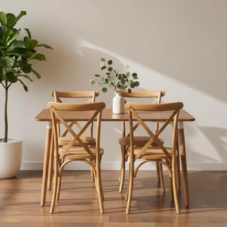 Comedor Mesa Rectangular Alamo 130x80 + 4 Sillas Crossback Madera Natural