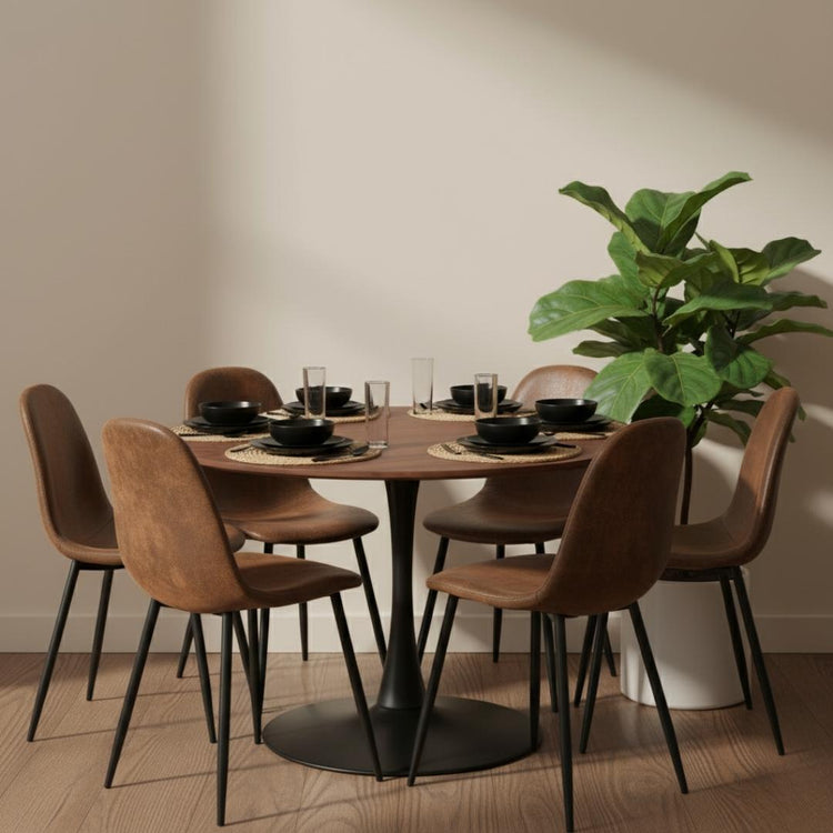 Comedor Mesa Tulip 120 cm (Cubierta Efecto Madera Oscura) + 6 Sillas Isidora