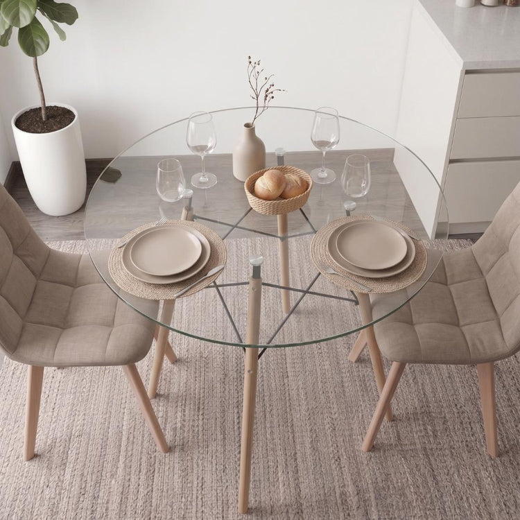 Comedor Mesa Redonda Elida 80cm + 2 Sillas Vorak Lino Beige