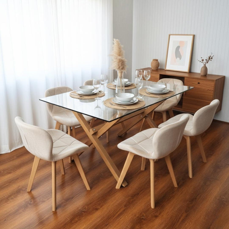 Comedor Moderno Mesa Xinia 140x90 + 6 Sillón Rubik Velvet Beige