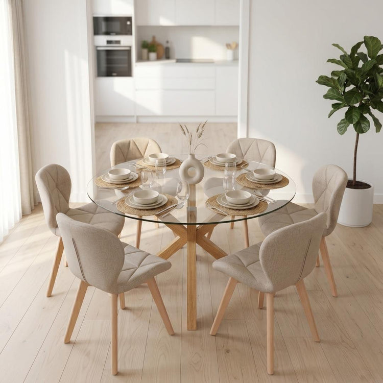 Comedor Mesa Equiz 120cm + 6 Sillón Rubik Lino Beige