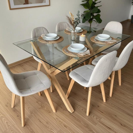 Comedor Mesa Xinia 140x90 + 6 Sillas Vorak Velvet Beige