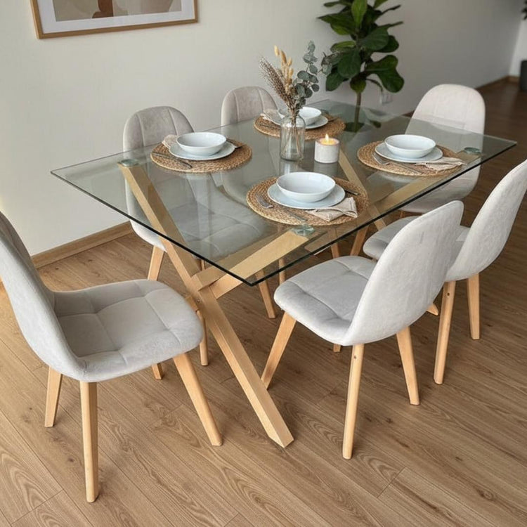 Comedor Mesa Xinia 140x90 + 6 Sillas Vorak Velvet Beige