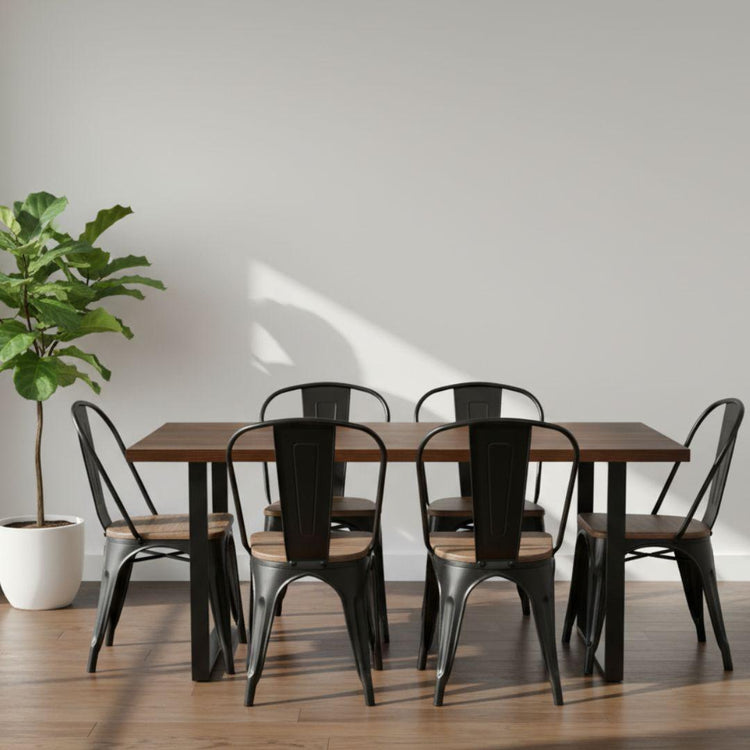 Comedor Mesa Rectangular Ámbar 160x90 + 6 Sillas Tolix Negro (Madera Oscura)