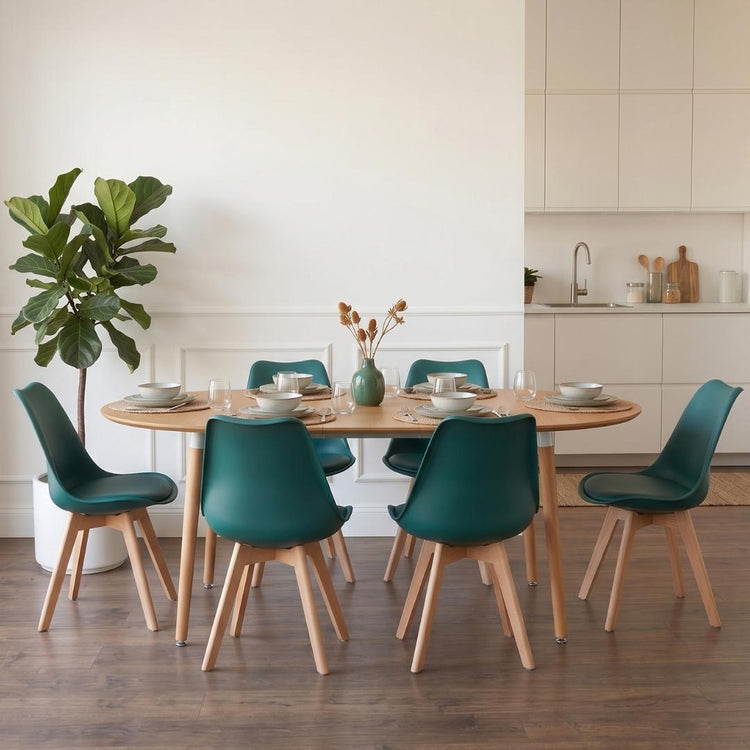 Comedor Extensible Bayona Wood 100-180cm + 4 Sillas Tulip Verde Esmeralda