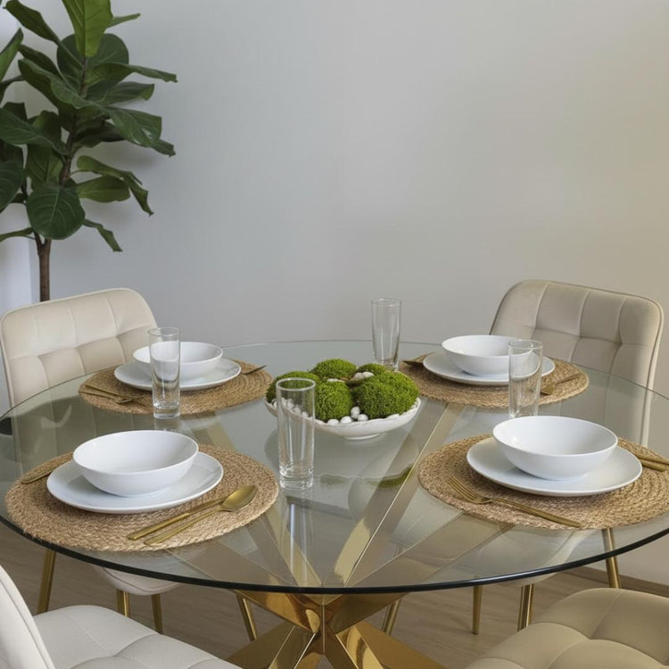 Comedor Mesa Equiz 100cm (Patas X Dorada) + 4 Sillas Kena Beige (Pata dorada)