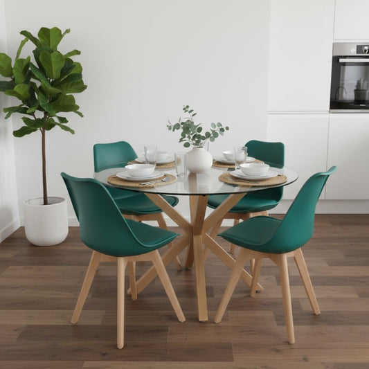 Comedor Mesa Redonda Equiz 100cm + 4 Sillas Tulip Verde Esmeralda