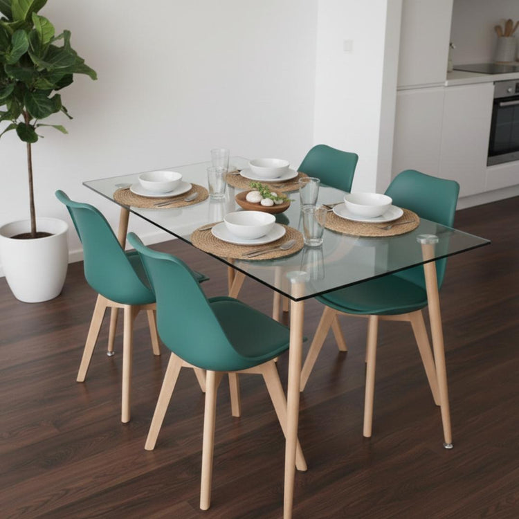 Comedor Mesa Vidrio 120x80 + 4 Sillas Tulip Verde Esmeralda