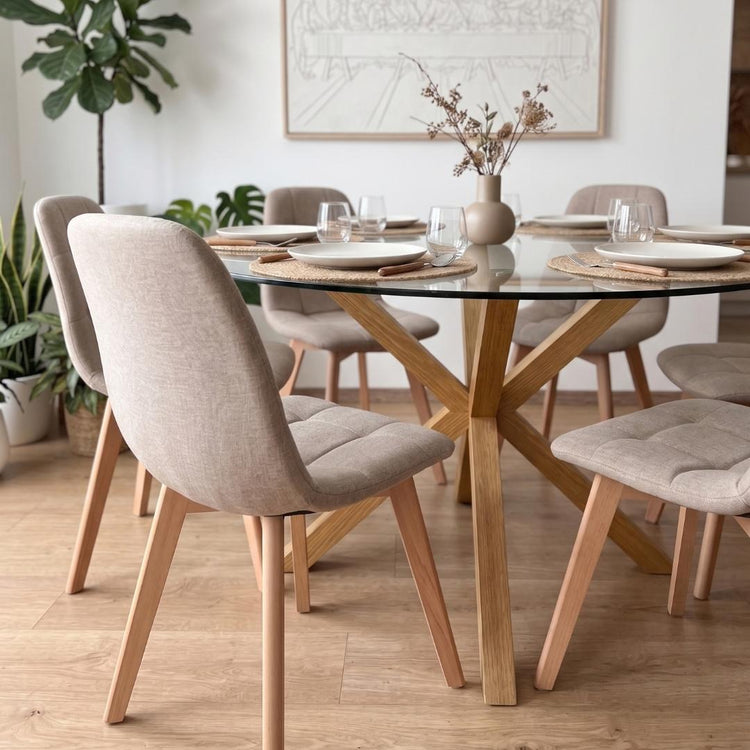 Comedor Mesa Redonda Equiz 120cm + 6 Sillas Vorak Lino Beige