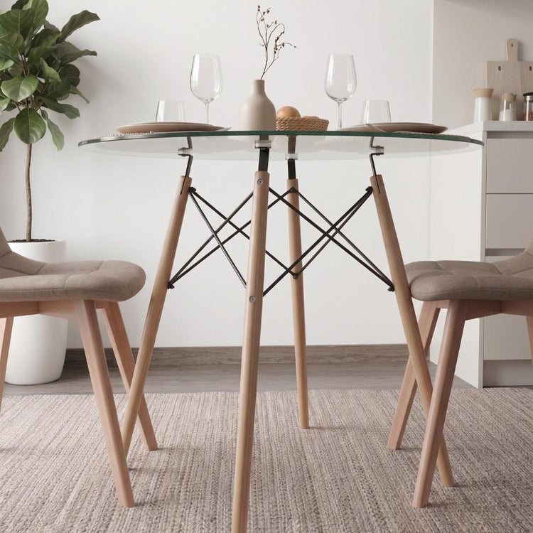 Comedor Mesa Redonda Elida 80cm + 2 Sillas Vorak Lino Beige