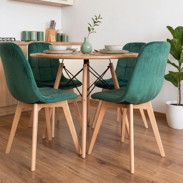 Comedor Mesa Redonda Shanna 100 cm + 4 Sillas Vorak Verde Esmeralda