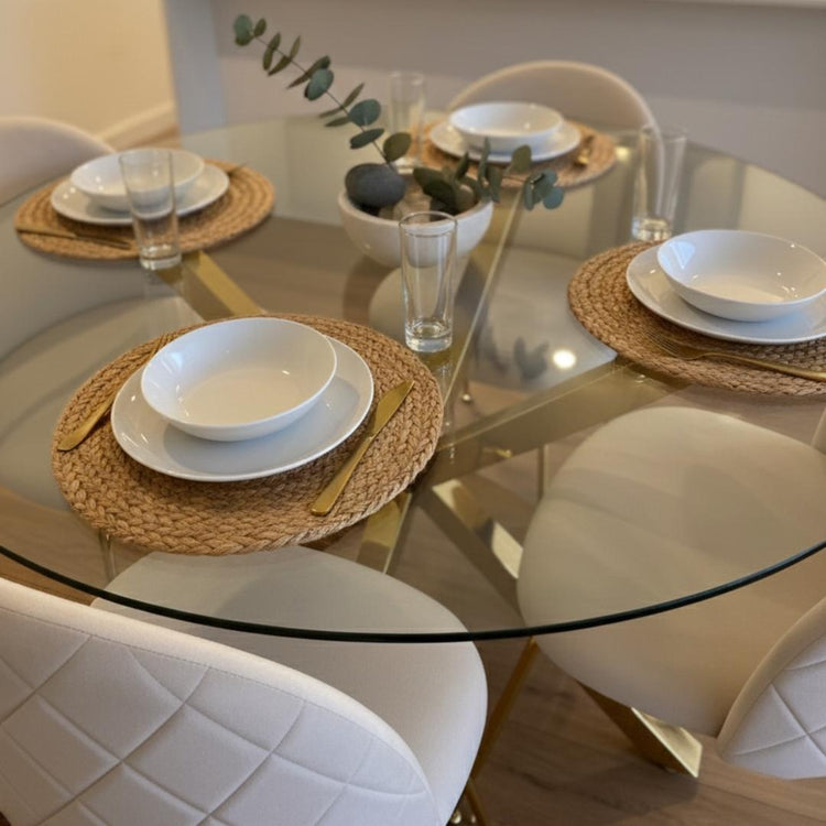 Comedor Mesa Equiz 100cm (Patas X Dorada) + 4 Sillas Adela Beige