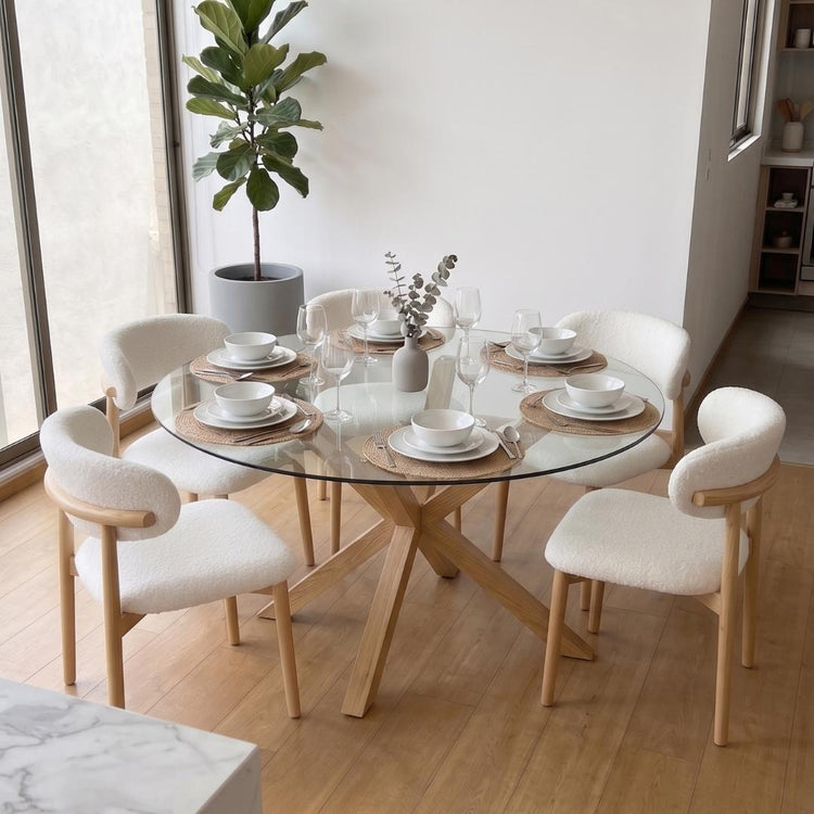 Comedor Mesa Equiz 120cm + 6 Silla Makena Blanco Bouclé