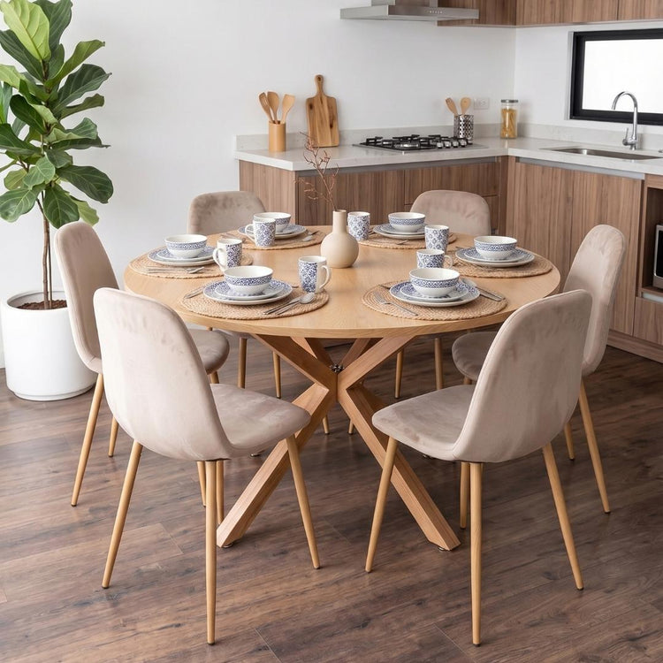 Comedor Mesa Redonda Equiz Wood  120cm + 6 Sillas Isy Arena