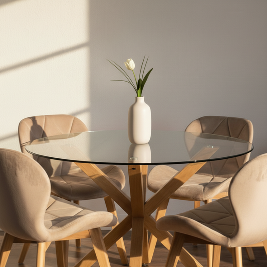 Comedor Mesa Redonda Equiz 100cm + 4 Sillón Rubik Beige Velvet