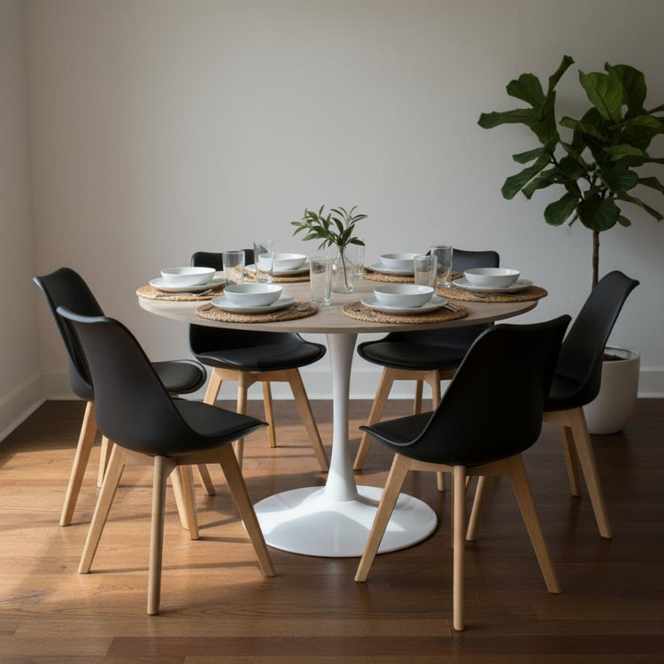 Comedor Mesa Tulip 120 cm (Cubierta Efecto Madera) + 6 Sillas Tulip Negro