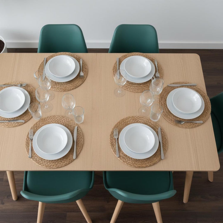 Comedor Mesa Rectangular Alamo 130x80 + 6 Sillas Tulip Verde Esmeralda