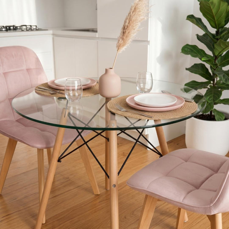 Comedor Mesa Redonda Elida 80cm + 2 Sillón Vorak Velvet Rosada