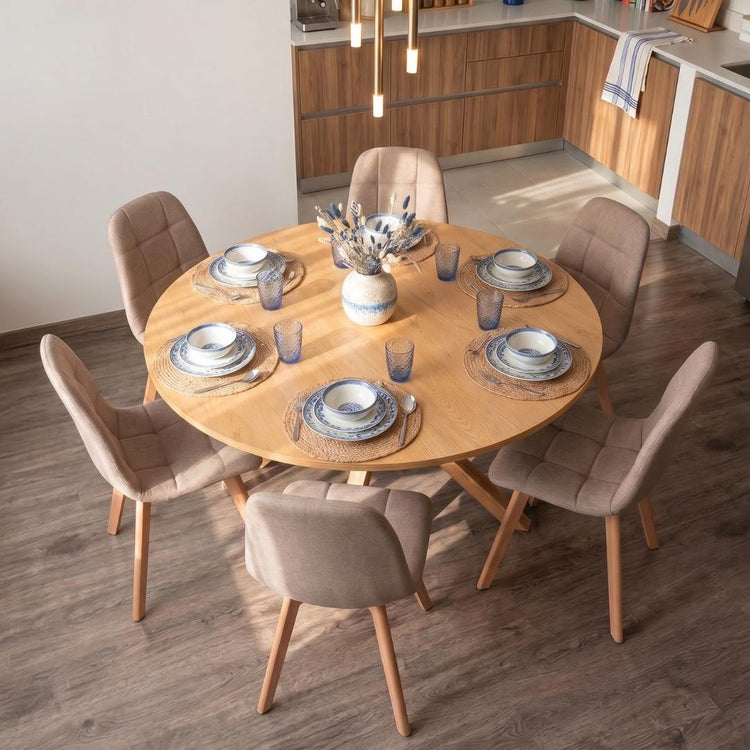 Comedor Mesa Redonda Equiz Wood  120cm + 6 Sillas Vorak Lino Beige