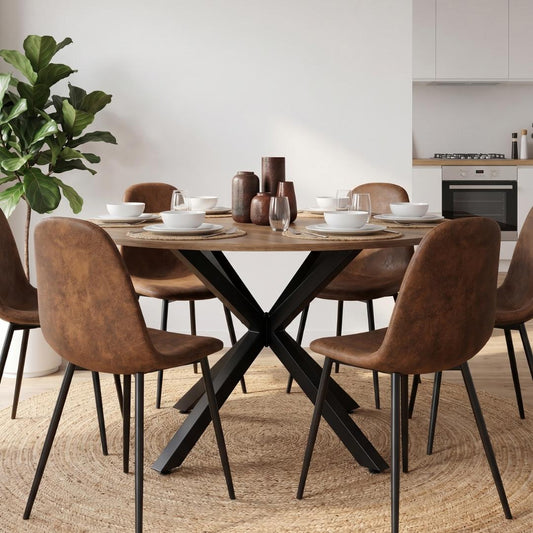 Comedor Mesa Redonda Equiz 120cm Madera | Base X Negro + 6 Sillas Isidora