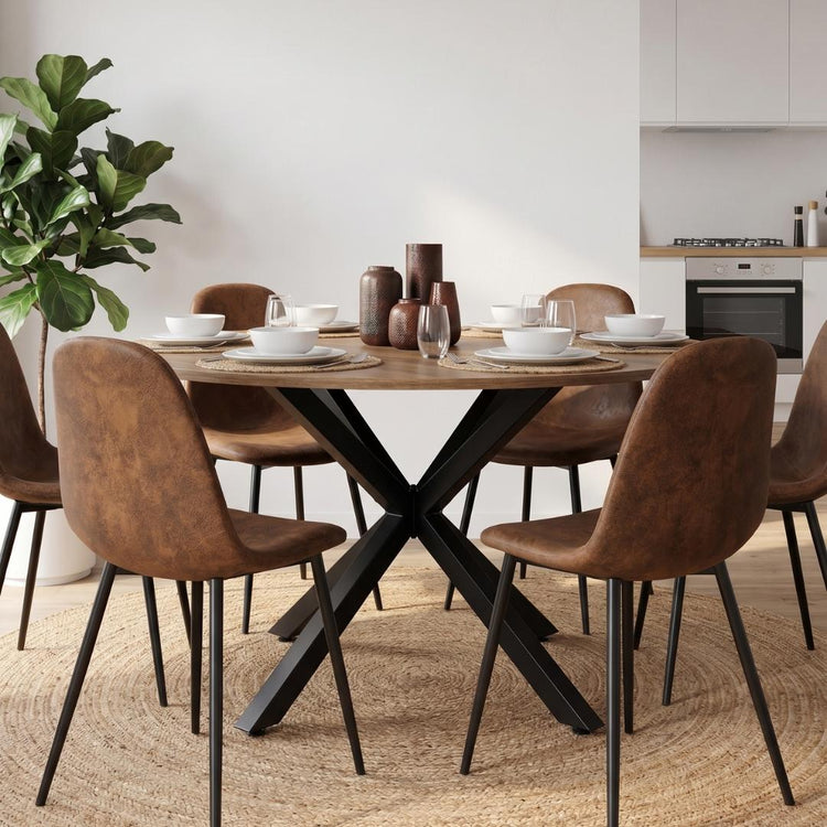 Comedor Mesa Redonda Equiz 120cm Madera | Base X Negro + 6 Sillas Isidora