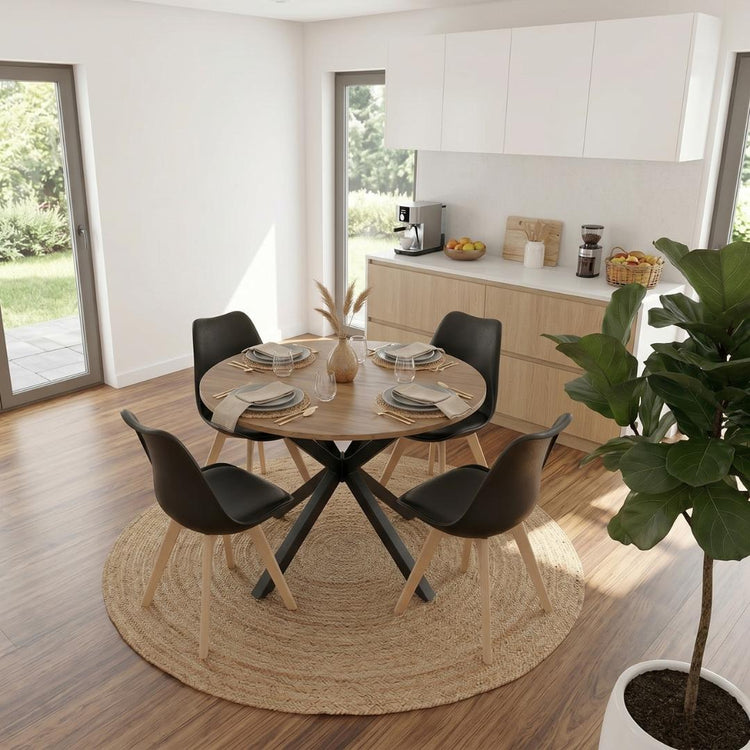 Comedor Mesa Redonda Equiz 100cm Madera | Base X Negro + 4 Sillas Tulip Negro