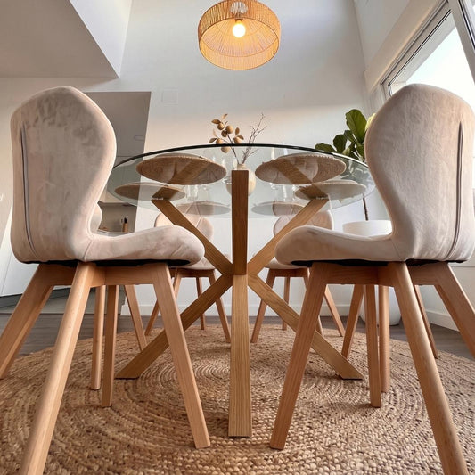 Comedor Mesa Redonda Equiz 120cm + 6 Sillón Rubik Velvet Beige