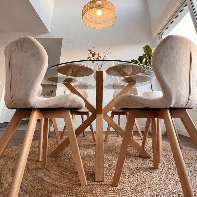 Comedor Mesa Redonda Equiz 120cm + 6 Sillón Rubik Velvet Beige