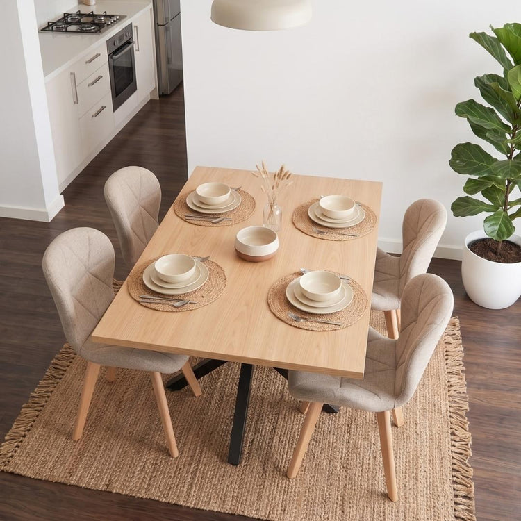 Comedor Mesa Greta Wood 140x90 | Pata Negra + 4 Sillón Rubik Lino Beige