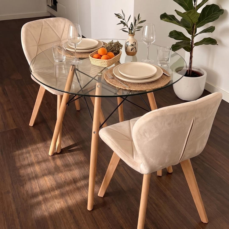 Comedor Mesa Redonda Elida 80cm + 2 Sillón Rubik Velvet Beige