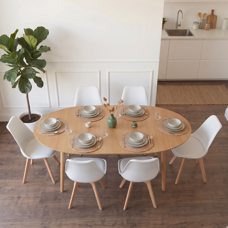 Comedor Extensible Bayona Wood 100-180cm + 4 Sillas Tulip Blanco