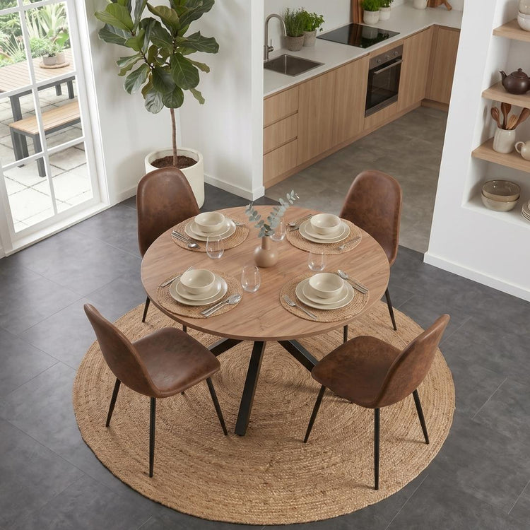 Comedor Mesa Redonda Equiz 100cm Madera | Base X Negro + 4 Sillas Isidora