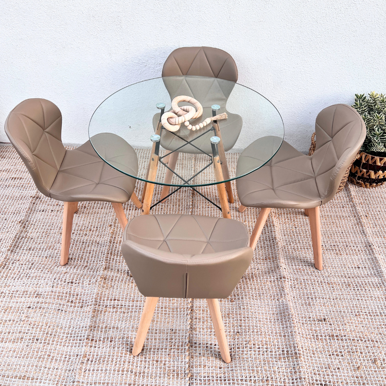 Comedor Redondo Mesa Elida 80cm + 4 Sillones Rubik Latte