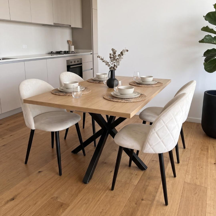 Comedor Mesa Greta Wood 140x90 | Pata Negra + 4 Silla Eloina Felpa Beige | Pata Negra